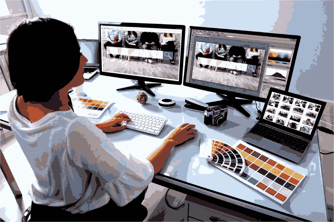 A web designer working on a laptop at a modern office desk