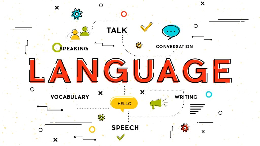 Poster displaying the words ‘English Language’ with educational icons and symbols related to learning and communication.