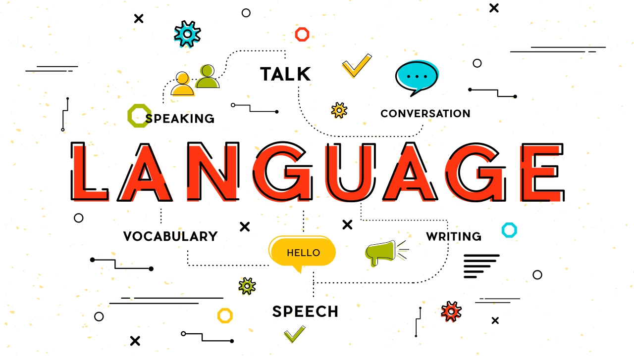 Poster displaying the words ‘English Language’ with educational icons and symbols related to learning and communication.